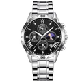 Men's business sport watch with silver stainless steel band and black multi-dial face - Silver