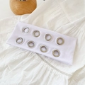 White fabric headband with silver metal eyelets featuring a vintage boho floral print - Solid White