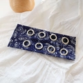 Fashionable navy blue paisley print wide headband with silver metal buckles - Navy Blue Floral