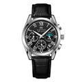 Multifunctional men's chronograph watch with black leather strap and silver stainless steel case - Silver Case Black Face Black Strap