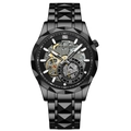 Stealth black stainless steel watch with faceted bezel and skeleton mechanical dial - Black