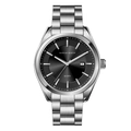 Men's quartz watch with black sunray dial and silver stainless steel strap - Silver