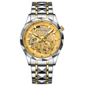 Men's skeletal quartz watch with silver and gold stainless steel link bracelet - Full Gold Color