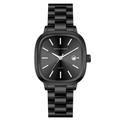 All-black square quartz watch with silver markers and date window on metal strap - Silver Markers Black