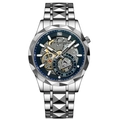 Men's skeleton dial watch with silver stainless steel strap and dark blue bezel detail - Silver & Blue