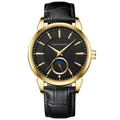 Classic men's quartz watch with gold case, black moon phase dial and leather strap - Gold Case Black Dial