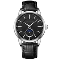 Hannah Martin business watch with black leather strap and moon phase display - Silver Case Black Dial