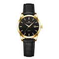 Quarzuhr für Herren mit goldenem Gehäuse, schwarzem Zifferblatt und Lederarmband - Damen-Schwarzes Zifferblatt Schwarzes Armband (2502HH)