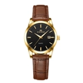 Quarzuhr für Herren mit goldenem Gehäuse, schwarzem Zifferblatt und braunem Lederarmband - Damen-Schwarzes Zifferblatt Braunes Armband (2502HK)