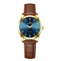 VA VA VOOM Herren-Quarzuhr mit blauem Zifferblatt, Goldgehäuse und braunem Lederband - Damen-Blaues Zifferblatt Braunes Armband (2502LK)
