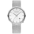 Silver stainless steel mesh band watch with a white textured dial and octagonal bezel - Dodecahedron Silver Style (1541BY) / Silver White Face