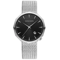 Men's stainless steel quartz watch with black dial and silver mesh band - Octagonal Silver Black Style (1541HY) / Silver Band Black Dial