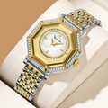 Octagonal women watch with crystal bezel and gold silver stainless steel mesh band - Two-tone Gold Silver White Dial (2961SAN)