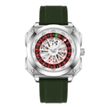 Quadratische silberne Uhr mit grünem Casino-Roulette-Zifferblatt und Pokerkarten - Silbernes Gehäuse Dunkelgrünes Armband (2971YLV)