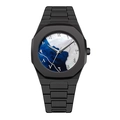 Reloj de hombre negro mate con bisel octogonal y números árabes en esfera azul y blanca - Estilo con Esfera Azul