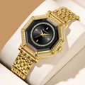 Elegant gold women's watch with black sunray dial and crystal bezel on gold mesh strap - Gold Case Black Dial (2961HJ)