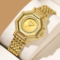 Women's gold quartz watch with octagonal rhinestone bezel and link bracelet - All Gold (2961JJ)