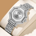 Silver octagonal women's quartz watch with diamond bezel and five-bead metal bracelet - Silver Case Silver Dial (2961Y)