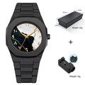 Minimalist quartz watch with black matte finish and crackle pattern dial for men - 2396H1-Crackled Dial (Gold Numerals)