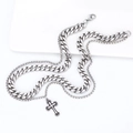 Collana a doppio strato in acciaio inossidabile con ciondolo a croce punk e catena cubana - Collana a Doppio Strato con Pendente a Croce Argentato (XYN0005)