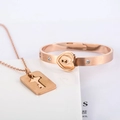 Rose gold heart lock bangle and key necklace set with sparkling crystal accents - Rose Gold