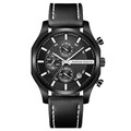 Herrenchronograph in All-Black mit Lederarmband und weißen Kontrastnähten am Band - Schwarzes Gehäuse Schwarzes Gitterzifferblatt Stil (1432YH)