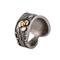 Vintage stainless steel wide ring with embossed floral relief and gold bead detail - US 8 / Flower Embossed Antique Silver (XYR0016)
