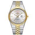 Mens fashion watch with two-tone gold and silver steel band and dual date display - Two-tone White Dial