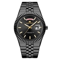 Men's quartz watch in black stainless steel with sunray dial and day-date display - All Black Gold Hands