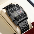 Orologio digitale quadrato nero multifunzione con tre fusi orari e cinturino in metallo - Tutto Nero con Scatola e Strumento (2561HH)