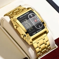 Orologio uomo dorato quadrato con doppio display, tre fusi orari e luce LED - Quadrante Nero Oro con Scatola e Strumento (2561HJ)