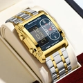 Orologio rettangolare da uomo in acciaio bicolore oro e argento con display digitale - Bicolore Oro Blu con Scatola e Strumento (2561LAN-SAN)