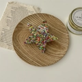 Detail der sternförmigen Haarklammer mit bunten Pailletten auf einem Holztablett - Pailletten Stern