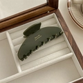Detalle de una pinza para el pelo verde oscuro grande con texto dorado en una caja de madera - Verde