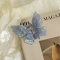 Detail showing the iridescent butterfly hair claw clip with its metal spring mechanism - Blue