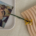 Macro detail of a dark green hair clip featuring a resin bow and golden lettering - Yellow
