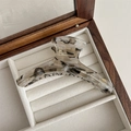 Detail of handmade acetate hair claw with wood grain texture and gold logo in jewelry box - Khaki Brown