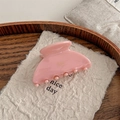 Macro detail of pink cellulose acetate hair claw with gold Barrette La France lettering - Pink