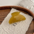 Detail of amber translucent hair claw with white Barrette La France text on wood tray - Yellow & Green