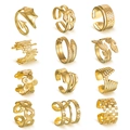 12-teiliges Set verstellbarer goldener Titanstahlringe mit Blatt-, Schlangen- und Herzdesign - Gold