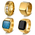 Men's 4-piece hip-hop gold ring set with rune symbols and turquoise gemstone stones - US 7 / Gold