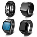 Set of four men's black stainless steel rings with rune engraving and inlaid gemstones - US 7 / Black