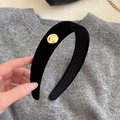 Classic black velvet headband with gold metal button detail for high cranial top hairstyle - Wide Headband / Black