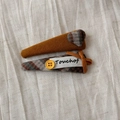 Detail of yellow corduroy and brown plaid fabric hair clips with heart and button accents - Yellow Brown Heart Knot Clip Pair