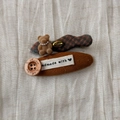 Detailed shot of cute plaid bear hair clip and corduroy button hairpin set for women - Yellow Green Bear Clip Pair