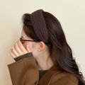 Deep brown knitted wide headband for women featuring a thick vertical ribbed texture - Brown