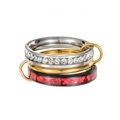 Set of four stacked rings with silver polish, crystals and red heart textured detail - US 6 / Red Opal