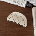 Close-up of cream hair claw clip with diamond lattice pattern and crystal accents - Creamy White Semicircle Claw Clip