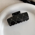 Detailed view of black quilted resin hair claw clip with crystal diamond embellishments - Black Square Claw Clip
