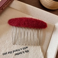 Burgundy plush hair side comb with 12 silver metal teeth for elegant autumn styling - Red